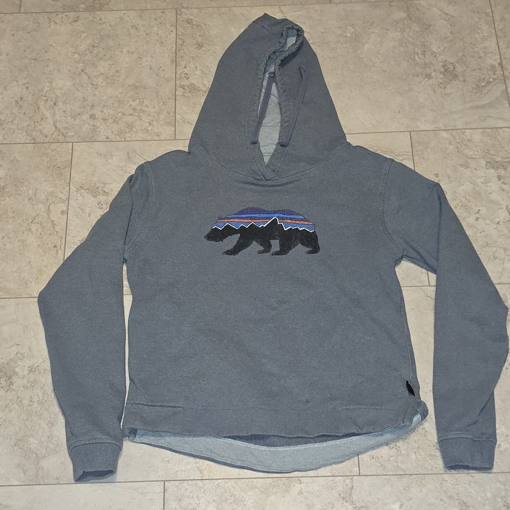 Patagonia Gray Hoodie with Colorful Bear Design
